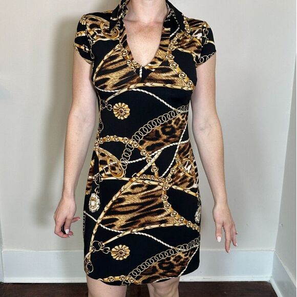 Vintage y2K Cache Black and Gold Chain Patterned Dress Size Medium - Picture 1 of 4